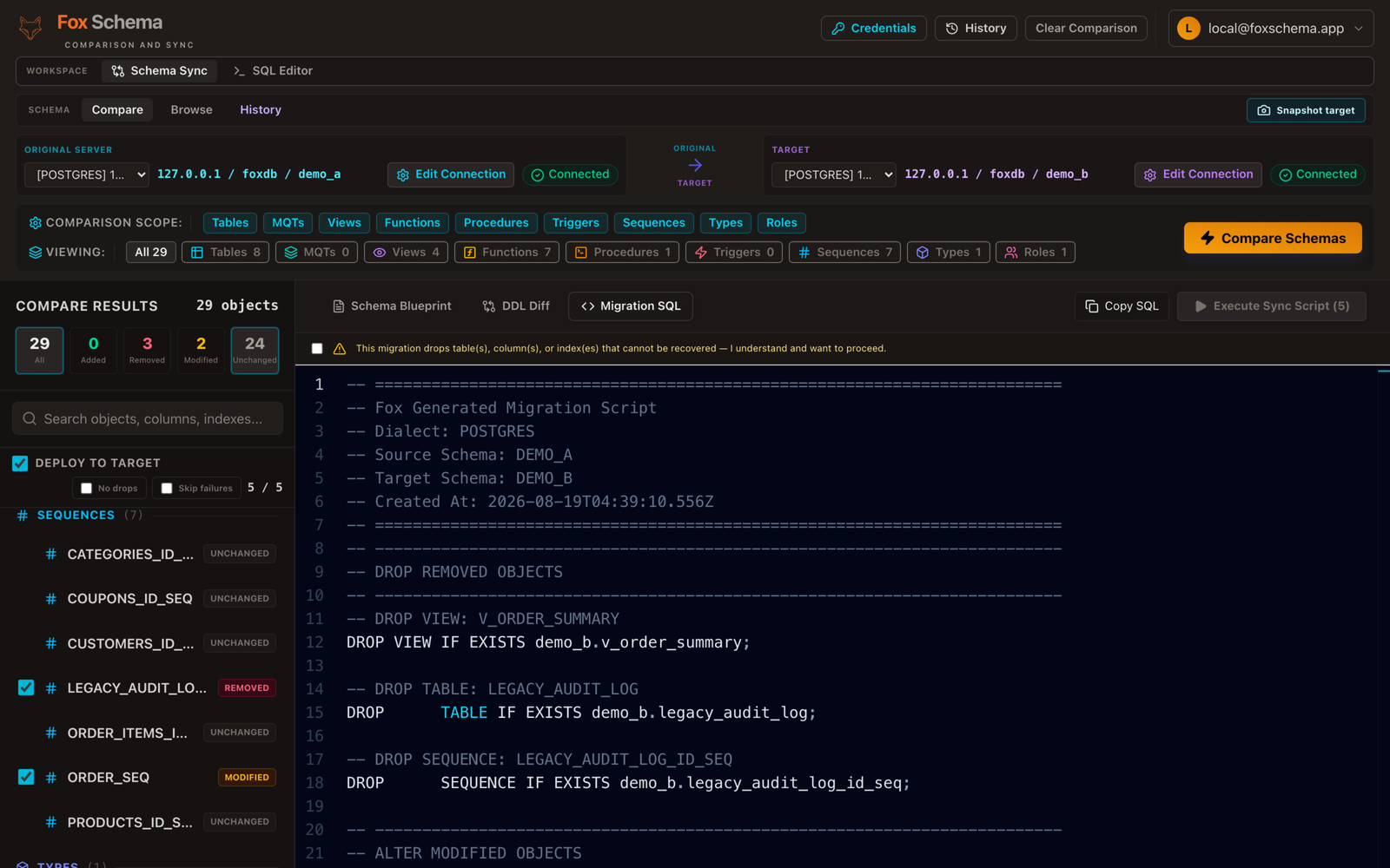 Generated migration SQL script with DROP VIEW, DROP TABLE, and DROP SEQUENCE statements for removed objects