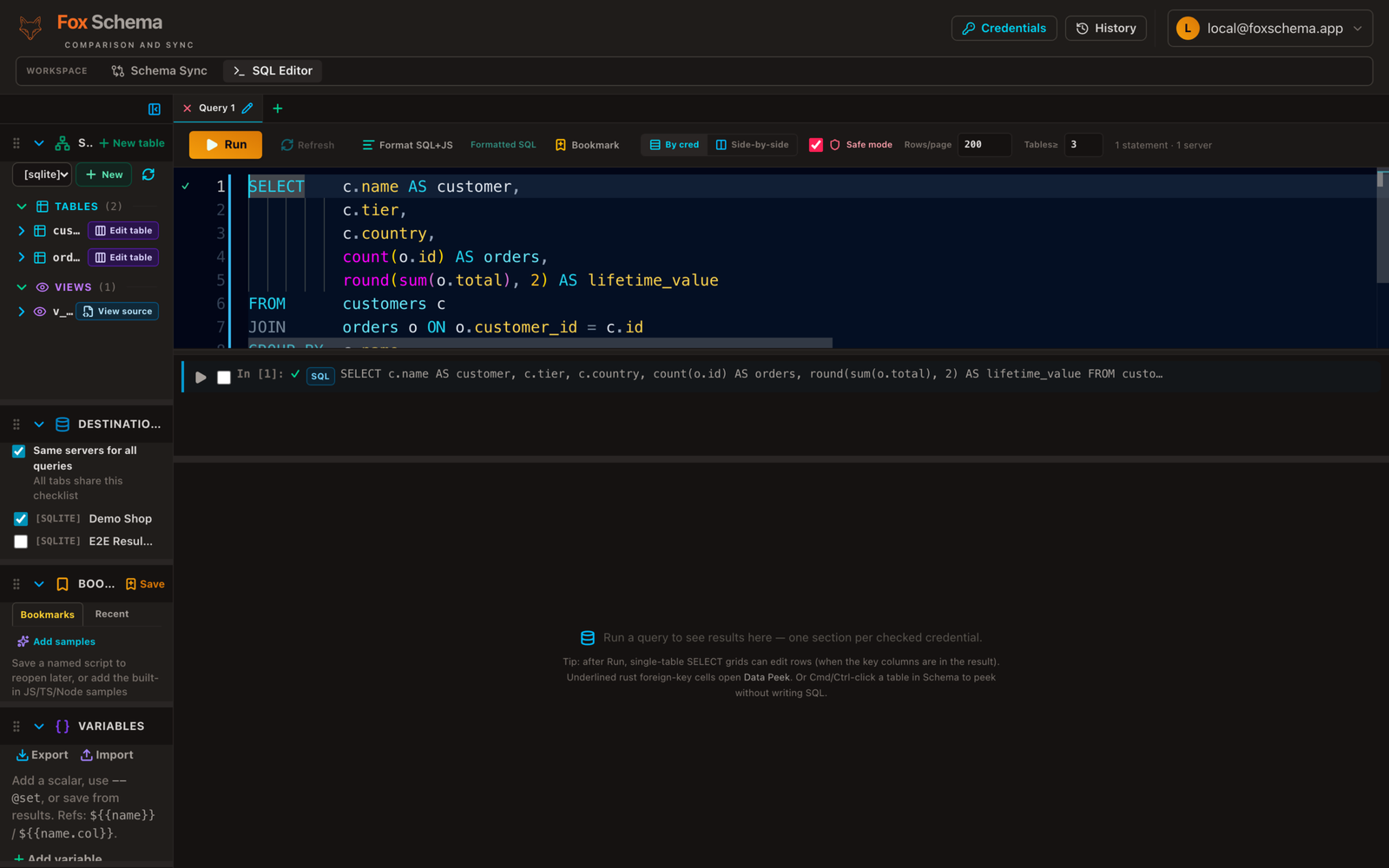 SQL Editor showing a multi-line SQL query joining customers and orders tables
